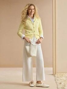 MOTF PREMIUM WOMEN'S LETTER EMBROIDERED CABLE KNIT CARDIGAN - Yellow - View 4