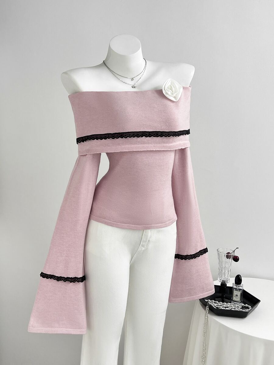 Elamini Sweater Wanita Model Off-Shoulder dengan Motif Bunga 3D yang Manis - Berwarna merah muda - View 1