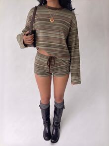 Aloruh 女款初秋復古休閒條紋圓領長袖上衣與抽繩腰短褲兩件套 - 棕色 - 查看 4