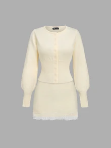 Autumina Women's Solid Color Lantern Sleeve Top And Mini Skirt Knit Set - Beige - View 9