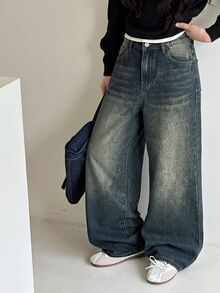SHEIN 青少年女孩毛邊星形復古復古風藍色牛仔寬鬆長褲 - 中等水洗藍 - 查看 5