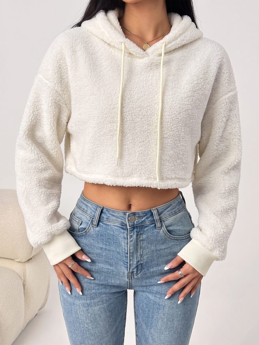 SHEIN Unity 女款韓式慵懶風柔軟短版寬鬆長袖休閒衛衣 - 白色 - 查看 1