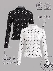 SHEIN EZwear 波點荷葉邊飾 2 件組休閒立領修身純色黑白長袖打底 T 恤，百搭秋冬上衣，適合日常通勤、約會、聚會、秋冬/夏季、聖誕節、新年、感恩節、派對、婚禮、海灘、畢業典禮，時尚優雅休閒外出約會穿搭 - 彩色 - 查看 1