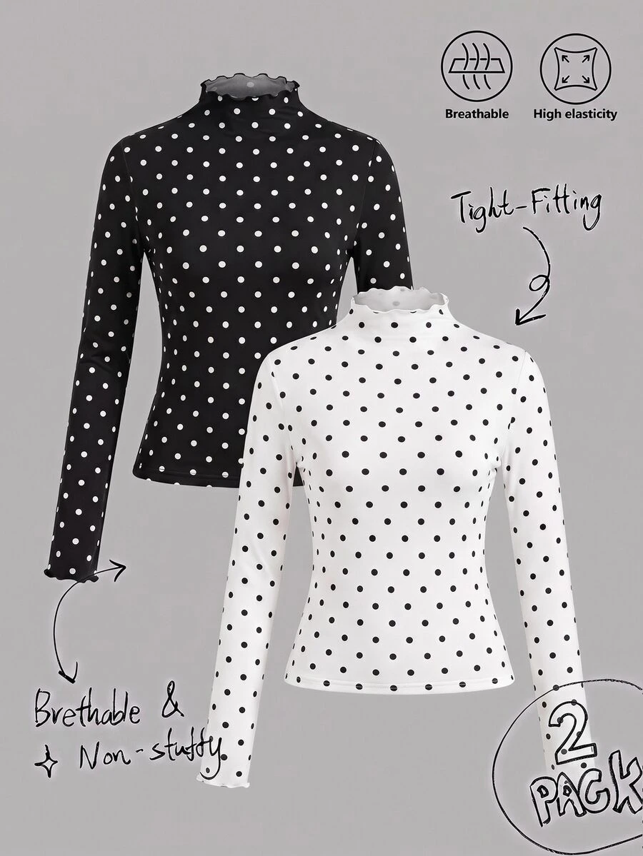 SHEIN EZwear 波點荷葉邊飾 2 件組休閒立領修身純色黑白長袖打底 T 恤,百搭秋冬上衣,適合日常通勤、約會、聚會、秋冬/夏季、聖誕節、新年、感恩節、派對、婚禮、海灘、畢業典禮,時尚優雅休閒外出約會穿搭 - 彩色 - 查看 1