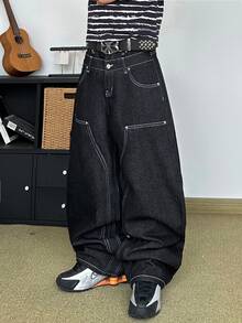 STEELVANCE Men's Streetwear Retro Fashion Versatile Distressed Washed Patchwork Studded Embroidered Design Loose Straight Wide Leg Casual Denim Jeans (Belt And Accessories Not Included) - Black - View 5