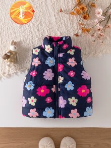SHEIN 幼女加厚鋪棉背心 可愛甜美海軍藍粉色花卉印花 絎縫無袖立領 厚款戶外度假冬季外套 秋季 - 彩色 - 查看 7