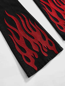 ROMWE Grunge Punk Flame Embroidered Contrast Color High Elasticity Skinny Flare Jeans - Black - View 4