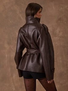 SHEIN BAE Women's Autumn Fashion Vintage Double-Breasted Jacket - Coffee Brown - View 2
