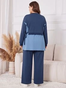 Lacomfia Autumn/Winter Casual Elegant Ribbed Patchwork Crew Neck Pullover Knit Textured Tie-Up Button Patchwork Long Sleeve Loose Versatile Plus Size Women's 2 Pieces Set - Multicolor - View 2