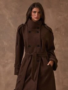 SHEIN BAE Solid Color Casual Style Stand Collar Tie Double-Breasted Premium Versatile Loose Fit Commuter Daily Long Overcoat - Coffee Brown - View 5