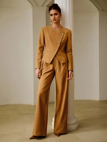 ZEYLAH Elegant Commuter Waist-Cinching Asymmetrical Front Short Blazer - Camel - View 7