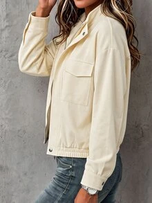 Breezaya Jaket Wanita Warna Polos, Bahu Longgar, Lengan Panjang, Resleting Depan, Saku Serbaguna, Cocok untuk Perjalanan Sehari-hari, Warna Beige, Musim Gugur, Kasual, Gaya Jalanan. - Khaki - View 5