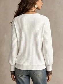 SHEIN LUNE 女款純色V領長袖休閒百搭衛衣 - 白色 - 查看 2