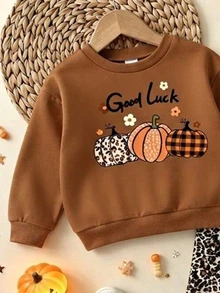 女童感恩節與萬聖節 2 件套，可愛南瓜「Good Luck」印花套頭上衣與豹紋緊身褲 - 彩色 - 查看 5