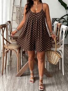 SHEIN CURVE+ Plus Size Casual Vintage Polka Dot Pattern Brown Spaghetti Strap Jumpsuit Suitable For Summer - Multicolor - View 5