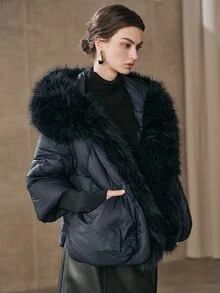 Anewsta 女款毛絨拼接休閒百搭冬季加厚棉外套 - 藏蓝色 - 查看 6