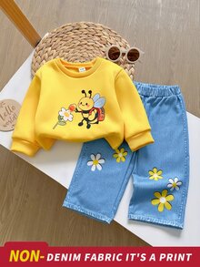 SHEIN 2件組女嬰休閒百搭時尚蜜蜂印花長袖上衣與長褲套裝，適合春秋冬季日常穿著 - 彩色 - 查看 4