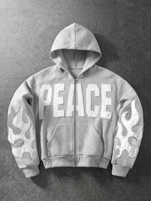 ROMWE MEN Street Life 男士字母刺繡長袖拉鍊休閒連帽衫 - 灰色 - 查看 1