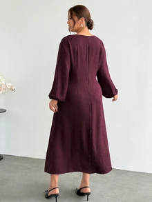 Firerie Plus Size Vintage Fashion Ruched Waist Long Sleeve Dress - Red Violet - View 2