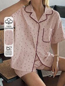 DAZY 女款波點印花上衣與短褲睡衣套裝 - 粉色 - 查看 4
