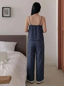 DAZY 2件組碎花拼接配色短袖T恤與長款睡褲套裝，夏季女款睡衣 - 藏蓝色 - 查看 2
