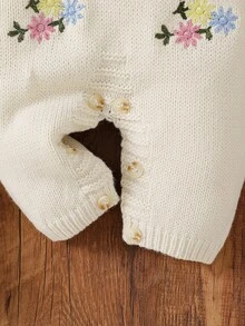 SHEIN 女嬰針織套頭連身衣，圓領長袖毛衣連身褲，舒適適合秋冬，帽袖，可愛俏皮時尚，刺繡花朵設計，優雅淑女風，精緻重工，杏色，日常百搭 - 杏色 - 查看 3
