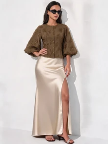 Aveloria Modichic 夏季咖啡色流蘇提花燈籠花瓣袖優雅收腰圓領中袖女式襯衫 老錢風早午餐辦公室棕色 - 咖啡棕 - 查看 9