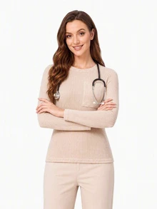 TaskEZ Apricot Long Sleeve Round Neck Elastic Waffle Knit Textured Inner Layer Top With Pockets, Comfortable Convenient Practical Minimalist Scrub Top - Apricot - View 1