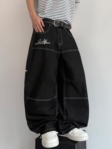 STEELVANCE Celana Jeans Denim Kasual Gaya Jalanan Vintage, Serbaguna, dengan Desain Lusuh, Dicuci, Bordir Rivet, Jahitan Kontras, Potongan Longgar, Lurus, dan Lebar (Sabuk Tidak Termasuk) - Hitam - View 3