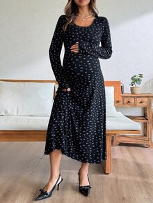 Dazy Maternity Ditsy Floral Fitted Elastic Square Neck Long Sleeve Casual Vacation Home Daily Spring Autumn Maternity Dress - Black - View 4