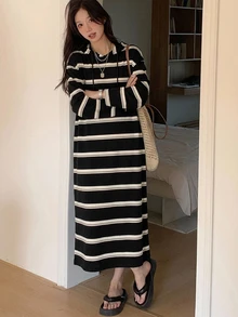 DAZY 女款條紋休閒日常夏季中長款連帽洋裝 - 黑色和黃色 - 查看 5