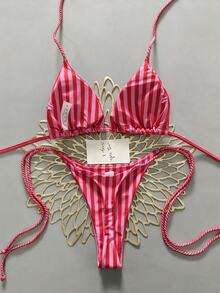 Swim SXY 女款兩件式分體比基尼，印花性感沙灘泳衣，度假穿搭 - 粉色 - 查看 2