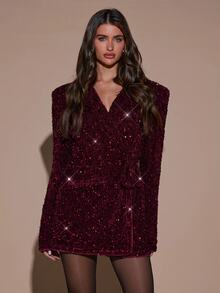 SHEIN BAE Blazer Payet Elegan untuk Pesta Musim Gugur/Musim Dingin - Burgundy - View 6