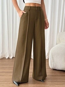 SHEIN PETITE Fashionable Versatile Commuter Wide Leg Suit Pants - Green - View 4