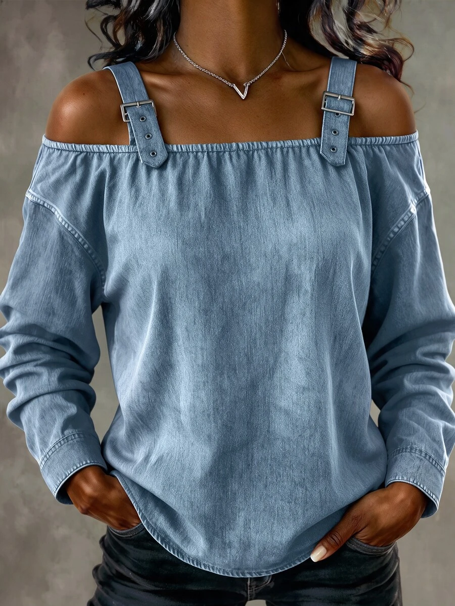 SHEIN LUNE Atasan Lengan Panjang Wanita Ukuran Plus dengan Motif Cetak dan Desain Bahu Terbuka, Atasan Kasual Longgar dengan Desain Bahu Terbuka. - Biru - View 1