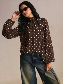 Poéselle Women's Polka Dot Pattern Stand Collar Lantern Sleeve Elegant Blouse - Brown - View 8