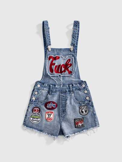 ROMWE Avant Overol corto de mezclilla para mujer talla grande estilo streetwear vanguardista con diseño de parche de insignia, casual urbano Y2K