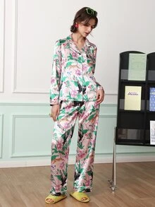 Chillnights Women's Vacation Botanical Leopard Print Satin Lapel Long Sleeve Long Pants Pajama Set - Multicolor - View 3