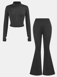 SHEIN Girlism NovaGlow 青少年女孩運動休閒日常針織素色開襟外套與喇叭褲套裝 - 深灰色 - 查看 2