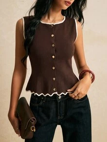 Poéselle Women's Colorblock Trim Knit Vest - Coffee Brown - View 2