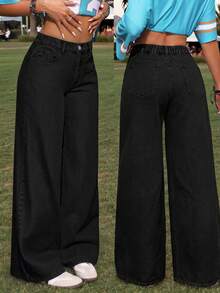 SHEIN PETITE Women's High Waist Pocket Wide Leg Loose Casual Versatile Denim Jeans Fall - Black - View 1