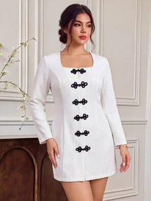 EastFlair Gaun Kancing Katak Warna Kontras Elegan Vintage Ukuran Besar untuk Musim Gugur - Putih - View 3