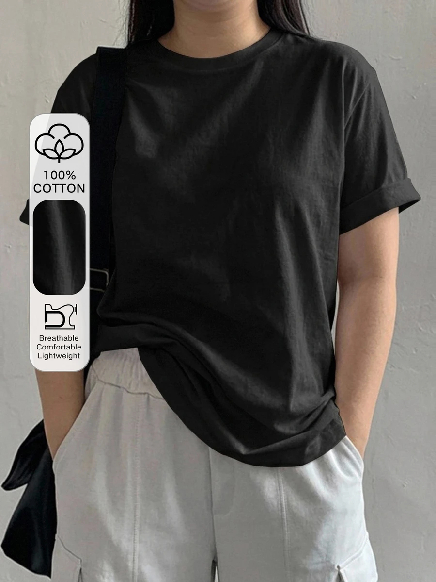 Dazy Plus Korean Style Versatile Pure Cotton Short Sleeve Black T-Shirt - Black - View 1