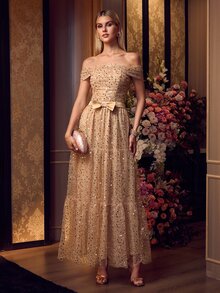 MOTF Soiréza ELEGANT WOMEN'S OFF SHOULDER SEQUINED MAXI GOWN WITH BOW DETAIL FOR FORMAL PARTY, WEDDINGS, GALAS - Champagne - View 8