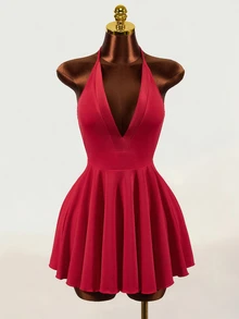 Mistrie Women's Halter Neck Deep V-Neck Solid Color Sexy Dress - Red - View 3