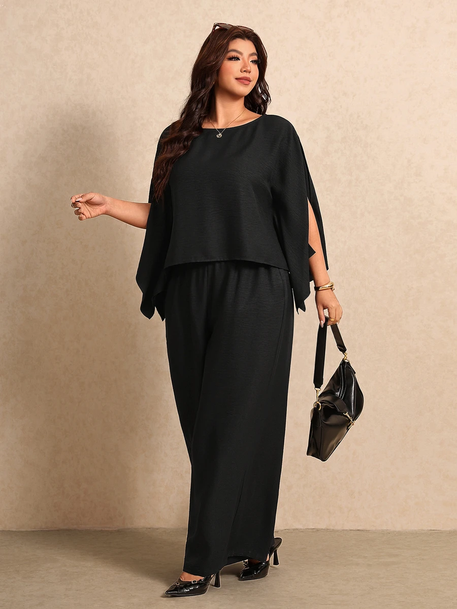 Elaquor Plus Size Solid Color Cape Sleeve Top Pants 2 Pieces Set Brunch Formal Party Black Autumn Elegant Office Business Work Fall/Winter