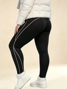 SHEIN Rhythm Era Legging Olahraga Wanita Ukuran Besar Musim Gugur/Dingin, Tebal, Berlapisan Termal, Motif Garis-Garis Blok Warna, Motif Patchwork - Hitam - View 2