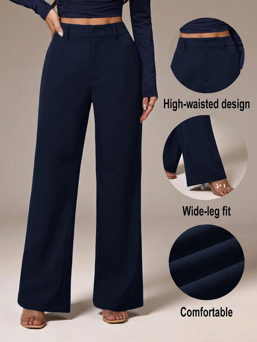 SHEIN PETITE Women's Solid Color Casual Versatile Daily Wear Suit Pants - Navy Blue - View 1