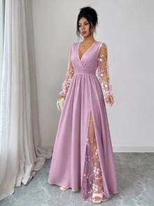 Elenzga 女款優雅春夏深V領蕾絲拼接長袖高開衩洋裝，適合畢業季、度假、情人節、音樂節、母親節、感恩節、復活節、國慶日、舞會、約會派對、婚禮季、外出等場合 - 粉色 - 查看 3