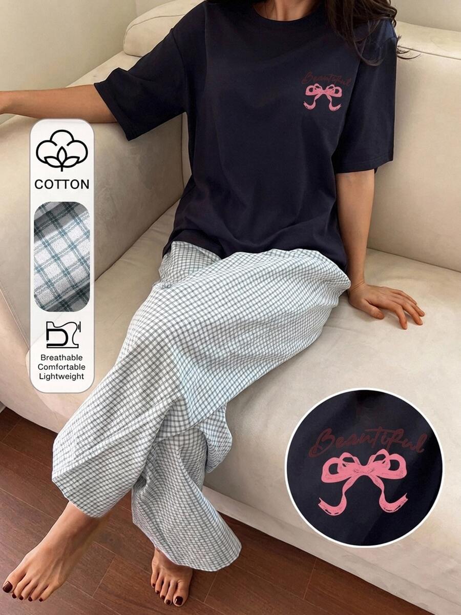DAZY 2pcs Bow Pattern Loose Short Sleeve T-Shirt & Straight Leg Striped Pajama Pants Summer Outfit Women's Sleepwear Set Fall - Multicolor - View 1